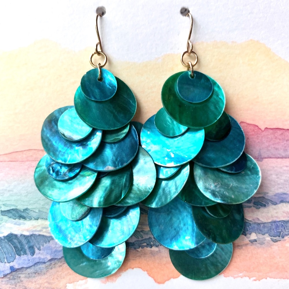 Turquoise And Teal Layered Disc Gold Earrings